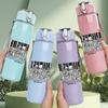 1PC Faint Band Grid Text Sketch Print 750ml Colorful Plastic Sports Water Bottle Leakproof Pop Up Lid with Straw for Outdoor Work Home Use