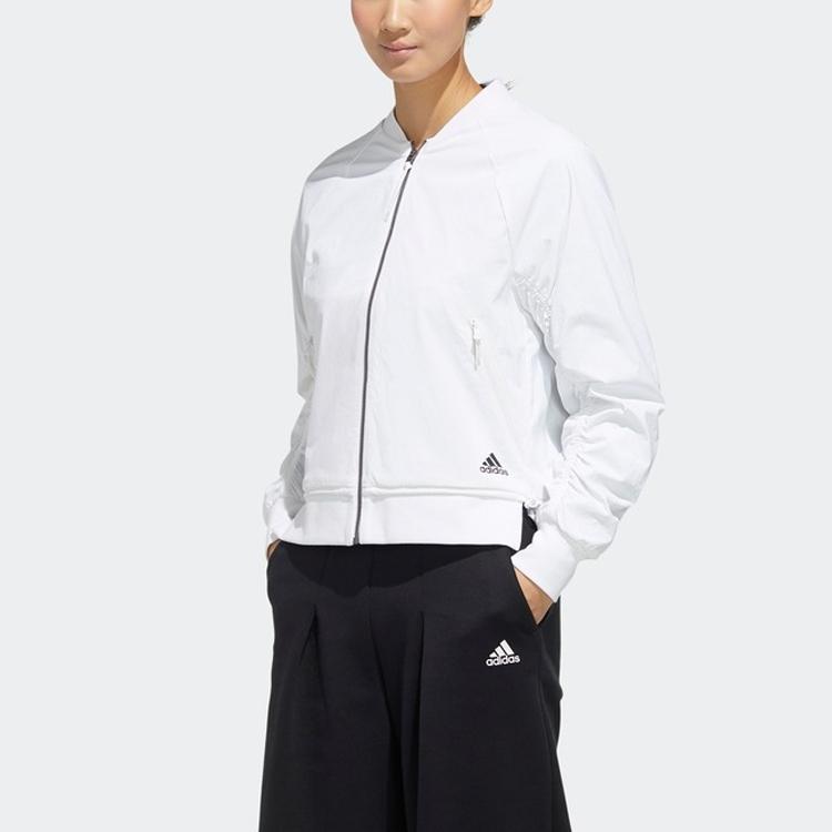 adidas Wrinkled Logo Bomber Jacket Casual Sports Outerwear Women White FU6228