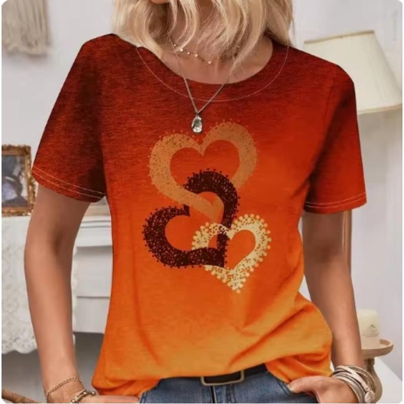 Women's Round Neck Short Sleeved T-shirt with Heart Pattern Top Women's Casual T-shirt Y2K Fashion Commuting Short Sleeved Shirt