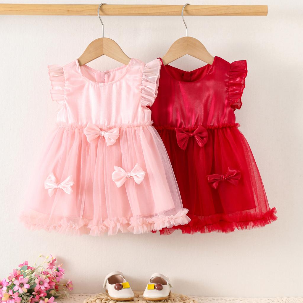 Girls' Fashionable Bow Tie Netted Chiffon Dress - Summer Children's Princess-style Dress