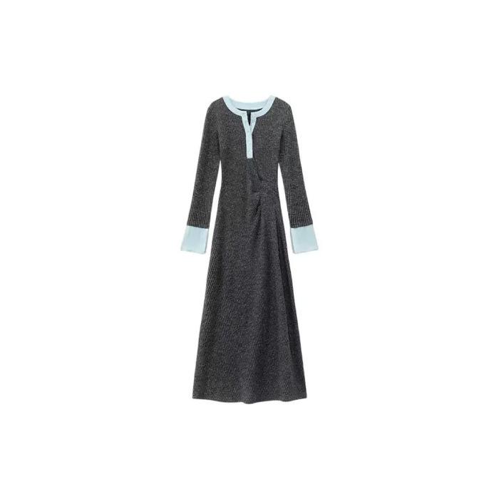 Korean Pit Strip Knitted Dress, New French Contrasting Colors, Slim Fit, Long Sleeves, Thin and Tall, Versatile Base