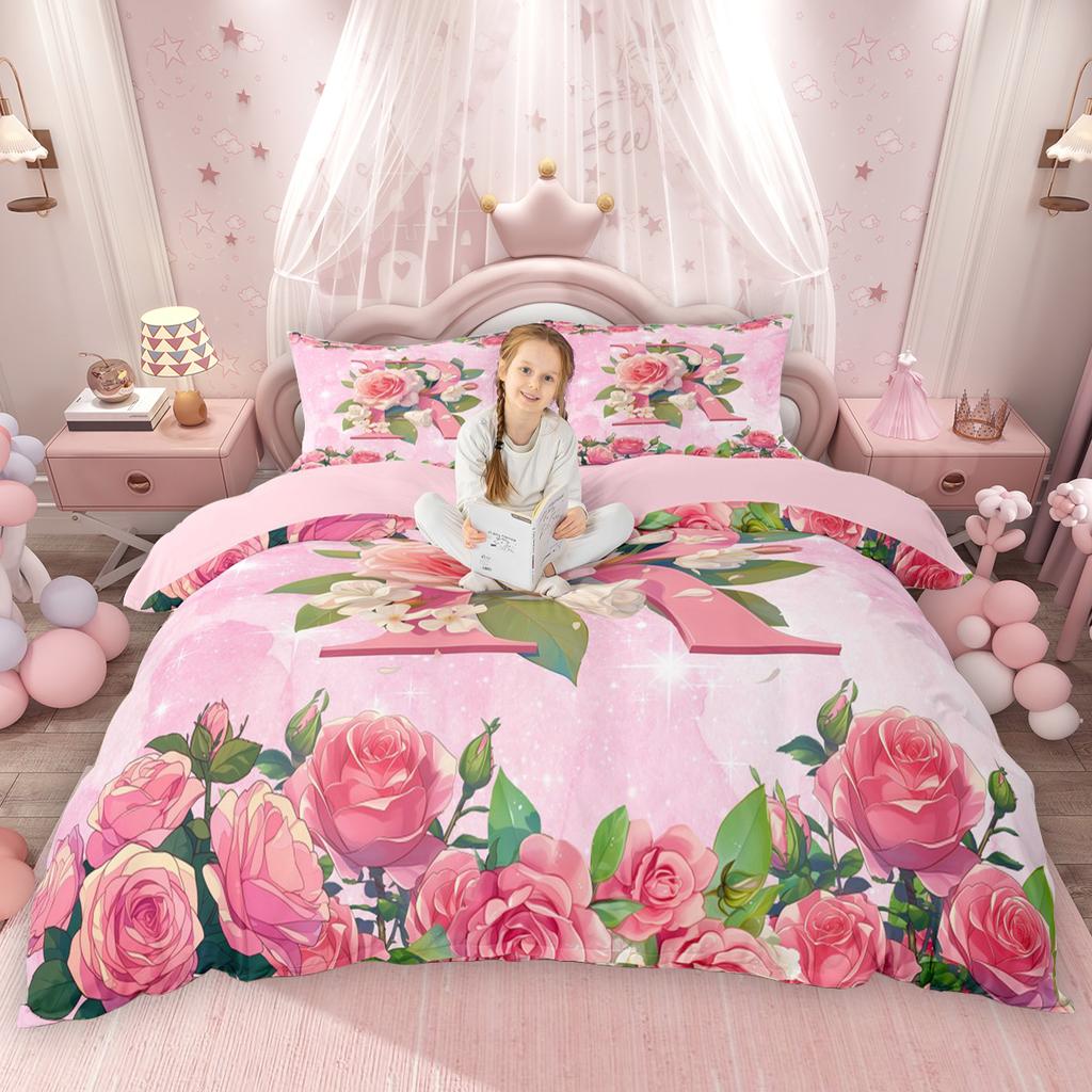 Homewish Girly Cute Pink Duvet Cover Set For Kids Girls Initial Letter A To T Bed Set Chic Floral Flower Quilt Cover Set