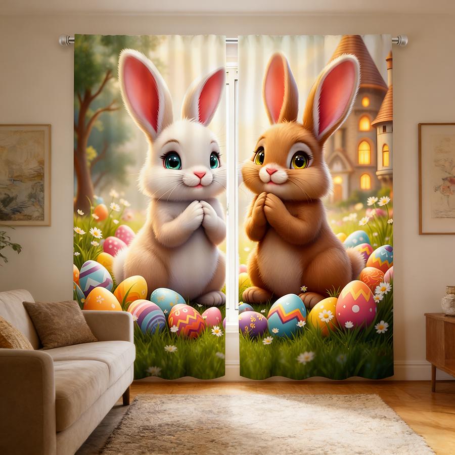 2PCS Multicolor Easter Bunny And Colorful Eggs Pattern Curtains Rod Pocket Design For Bedroom And Living Room