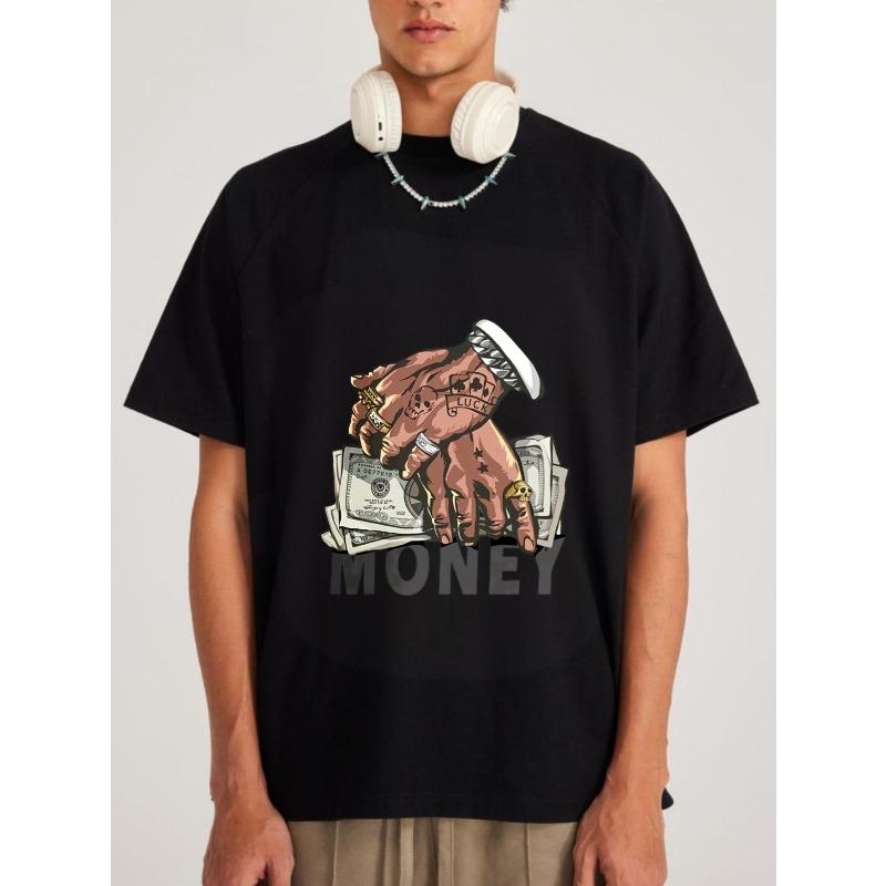 T-Shirt White Hands Holding Money Stack with Tattoo and Rings Print Money Text Streetwear Fashion Casual Wear