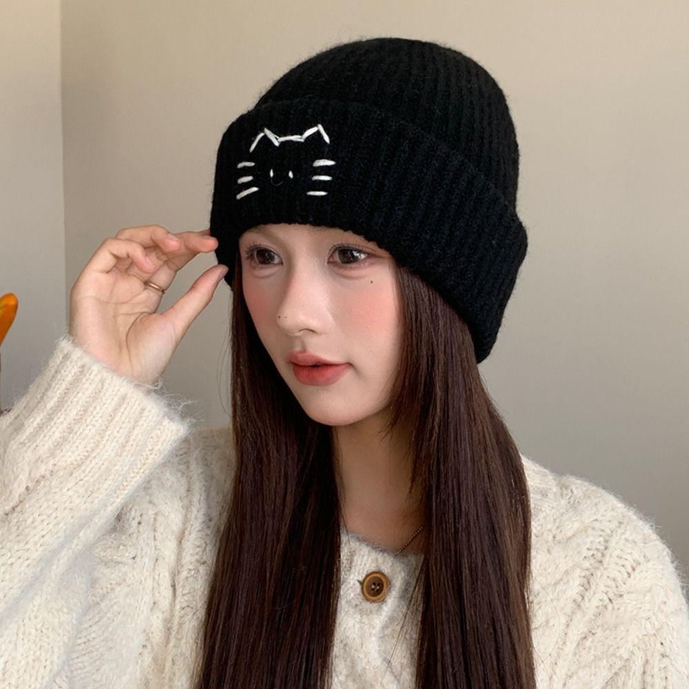 Warm Knit Beanies Embroidered Kitten Printing Knit Cap Sweet Cute Cat Knitted Hat Winter
