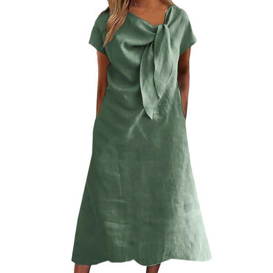 Women Midi Dress Decorated Collar Straps Short Sleeve Dress Solid Color Loose Fit Summer Casual Dress
