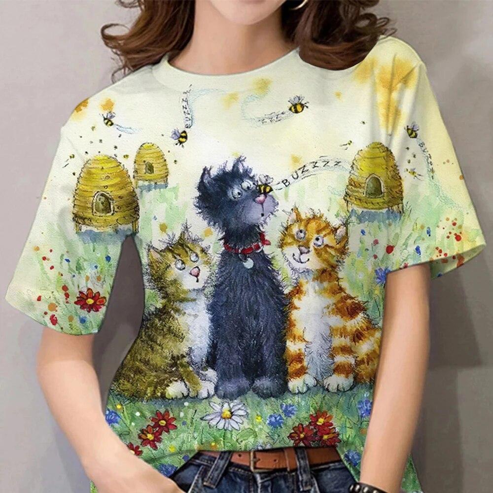 Women's 3D Cat Pattern Summer T-shirt Kawai Short Sleeve Top Fashion Animal T-shirt Large Designer Casual Wear