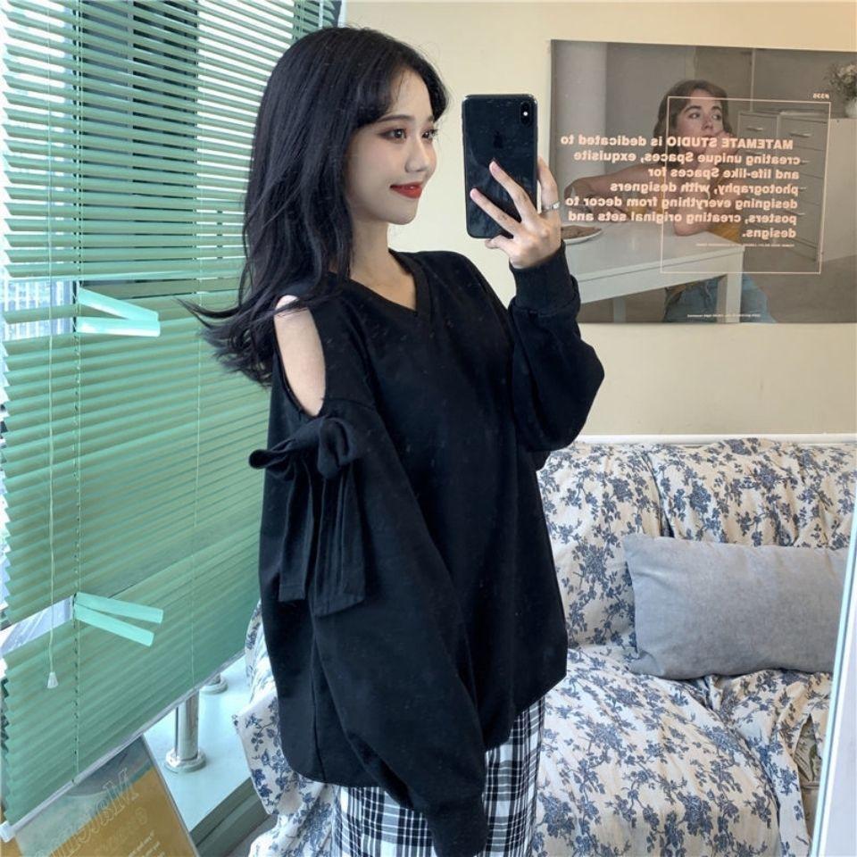 Sweet Bow Off Shoulder Sweatshirts Women Long Sleeve Casual Loose Korean Tops V Neck Hollow Out Design Sweatshirts