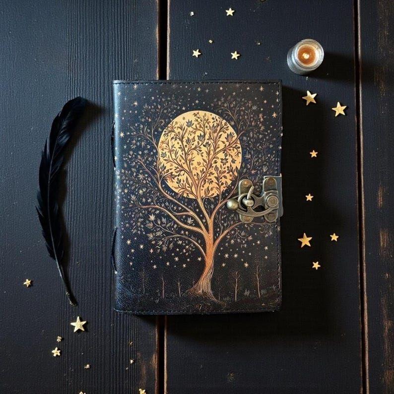 Tree of Life Book of Shadows, Moon Tree Leather Grimoire, Wiccan Pagan Witchcraft Journal, Celestial Spellbook with Deckle Paper