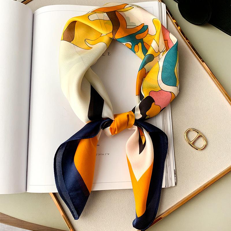 Square Scarf for Women's New Printed Imitation Silk Clothing Decoration Spring and Autumn Scarf Literary and Versatile Small Scarf Headband Tie Pack