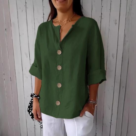 Women Shirt V-Neck 3/4 Sleeve Loose Fit Pullover Tops Buttons Decor Breathable Casual Tops Daily Wear