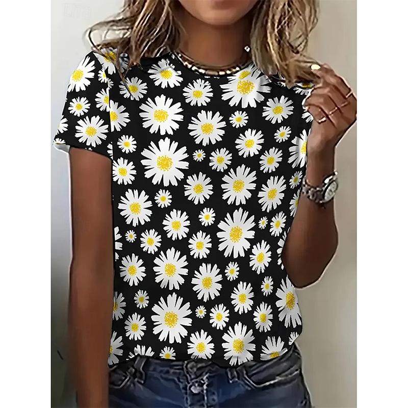 Nya Blomster 3D-tryck T-shirts Dam Sommar Casual O-ringning Kortärmad T-shirt Harajuku Y2k T-shirts Toppar Damkläder