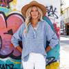 Women Shirt V-Neck Buttons Half Placket Long Sleeve Pullover Tops Solid Color Loose Fit Pleated Tops Casual Tee Daily Wear