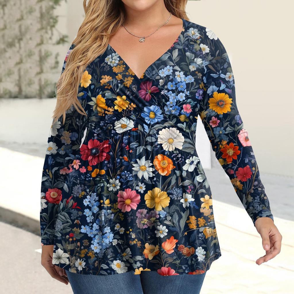 Women's Plus Size Shirt Long Sleeve  Print Top Pleated Casual V-Neck Top