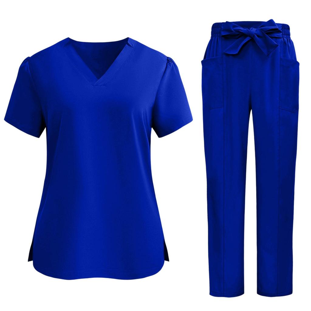 Women's V-Neck Short Sleeve Color Work Top with Pockets Caregiver Uniform Set