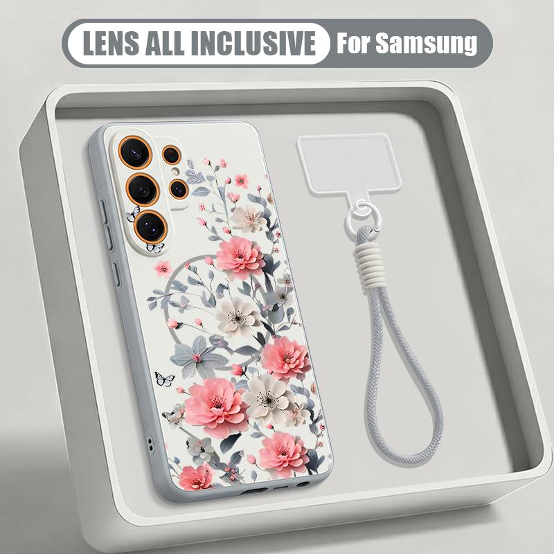 INS Bloemenpatroon Hoesje Voor Samsung S26 Ultra S25 FE S24 S24 Plus A57 A37 A17 A56 A36 A16 A55 A35 A15 A54 5G Hybride Magnetische Mat Zwart