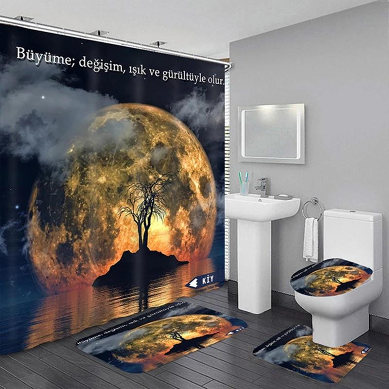 Waterproof Shower Curtain Sets With Rugs Moonlight Sea Scenery Bath Rug And Mats Hooks Toilet Seat Cover Bathroom Decor