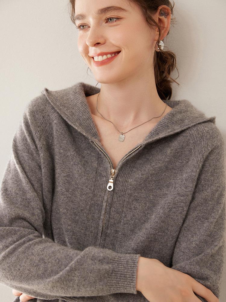 Cardigan à capuche en cachemire épais pour femme - Tricot lâche zippé pour l'automne et l'hiver