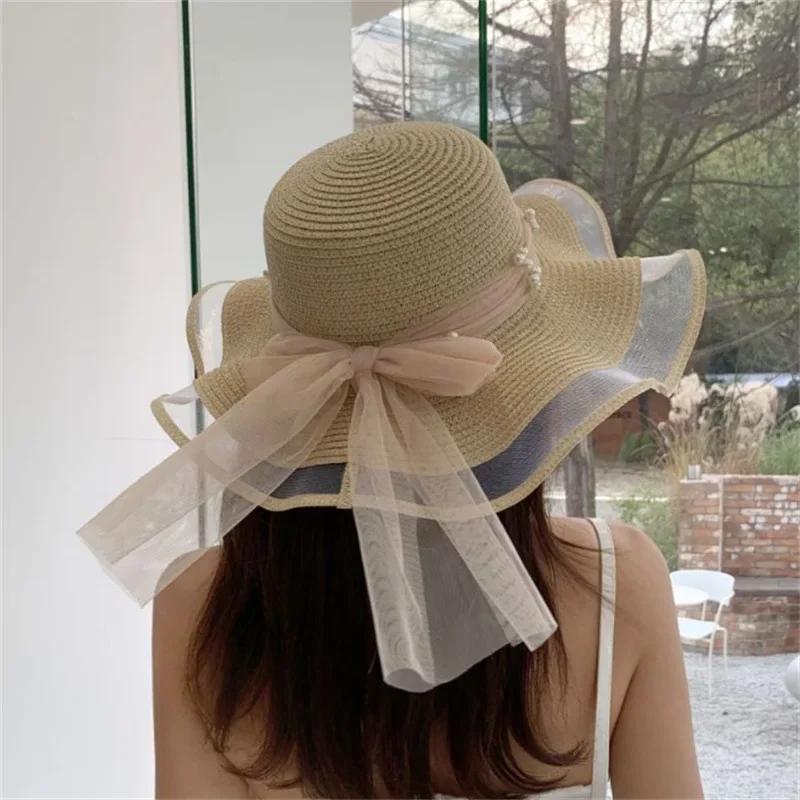 New Foldable Wide-brimmed Girl Straw Hat Pearl Sun Hat Beach Wave Protection Travel Lady Beach Hat