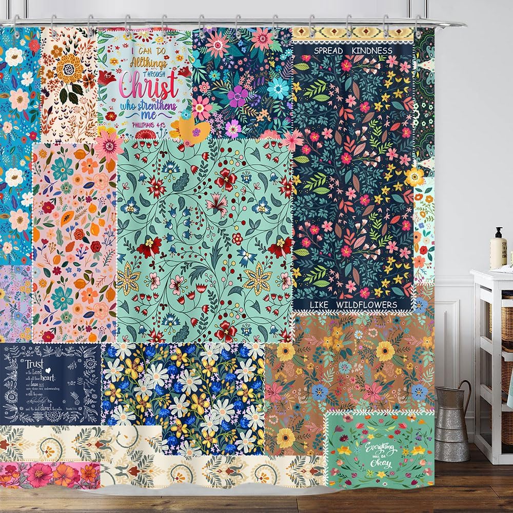 Vintage Black Gold Boho Shower Curtain, Dark Wildflower Botanical Print, Farmhouse Floral Art with Hooks