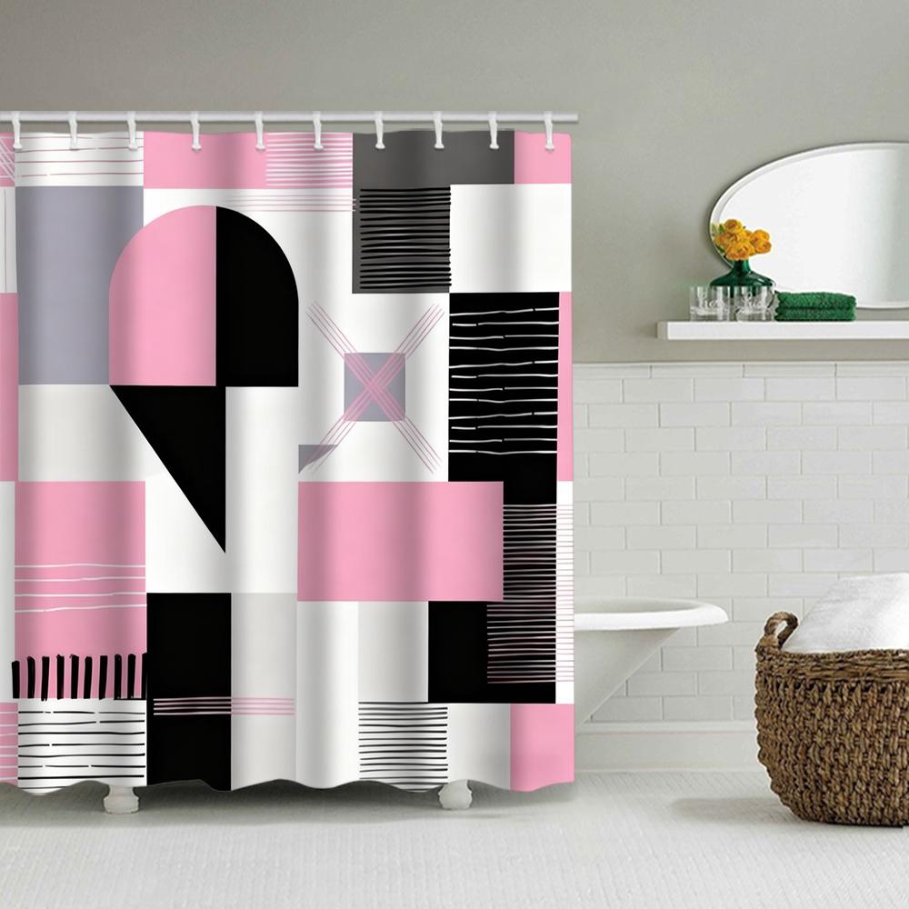 1/4 Geometric Grid Print Shower Curtains, Toilet Seat Decoration, Shower Curtain with Carpet and Toilet Lid, 70.8x70.8 Inch