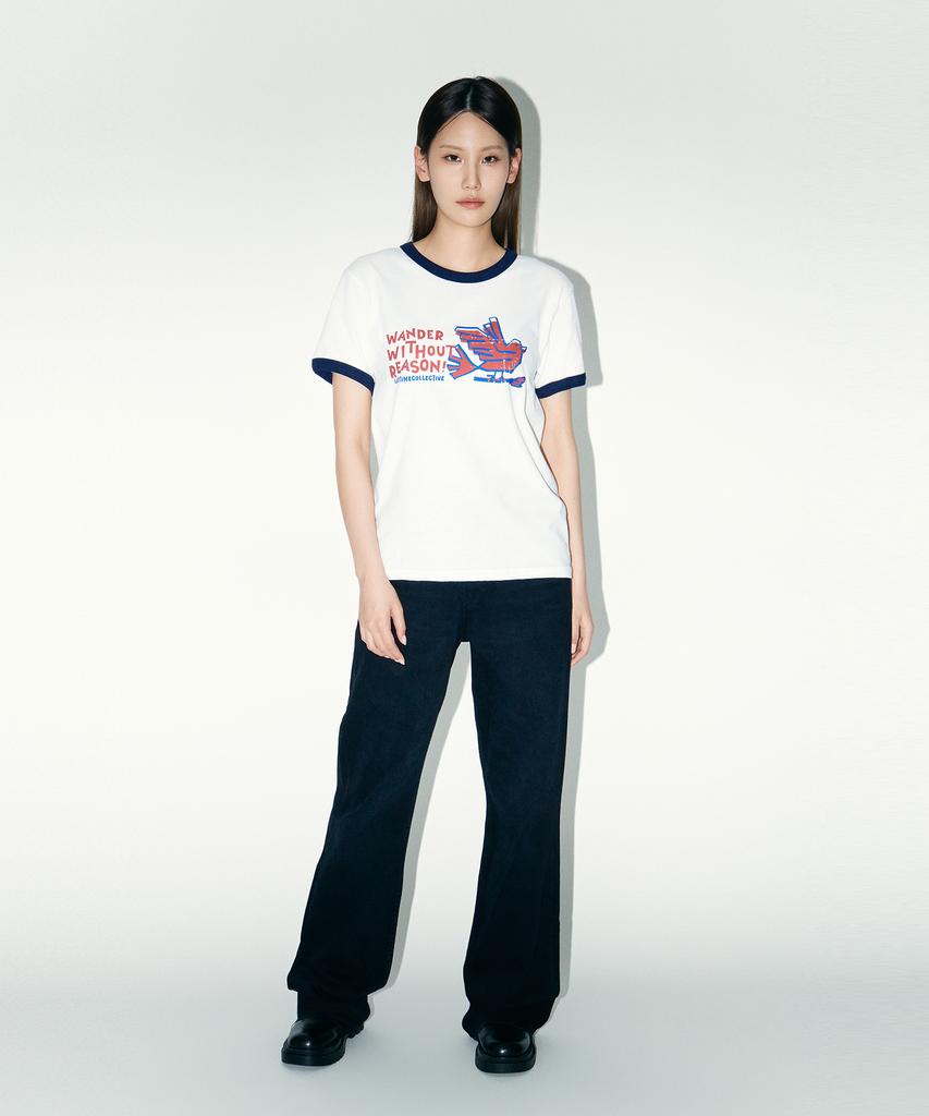 Laipeutaimkollegtibeu Ringer Bird Short Sleeve T-Shirt White Navy