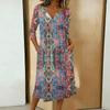 Women's Fashionable Color Printed Round Neck 3/4 Sleeve Button Collar Mid Length Casual Dress