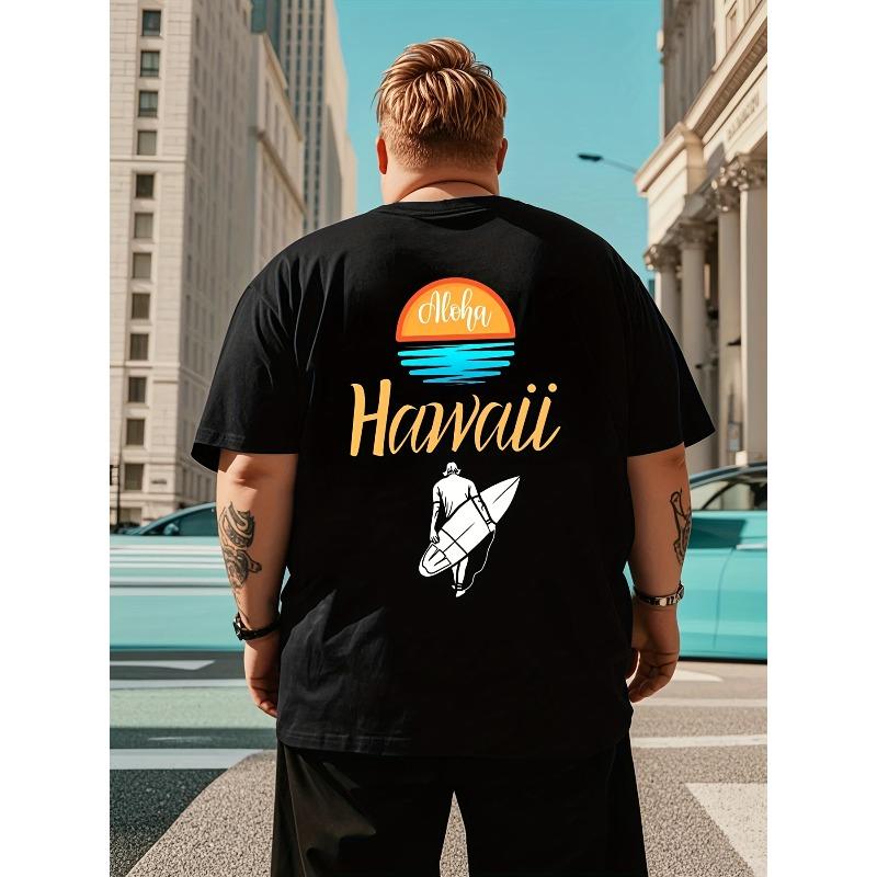 European sizes Men's T-Shirt - Black Tee with Ba Tropical Beacck Print -- Machine Washable Casual Streetwear Top for Surfers & Hawaii Travelers