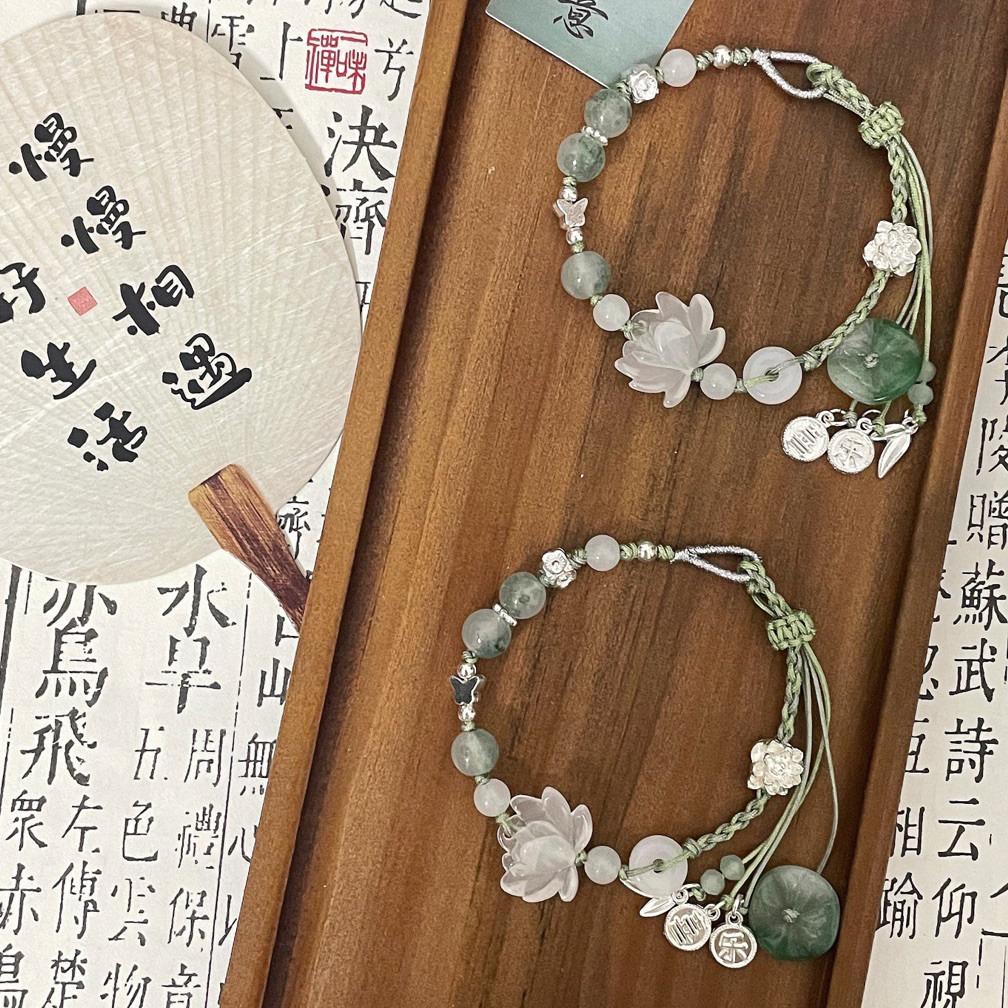 New Chinese Style Exquisite Lotus Leaf Lotus Bead Handmade Woven Rope Bracelet for Women's Fashion and High-end Jewelry