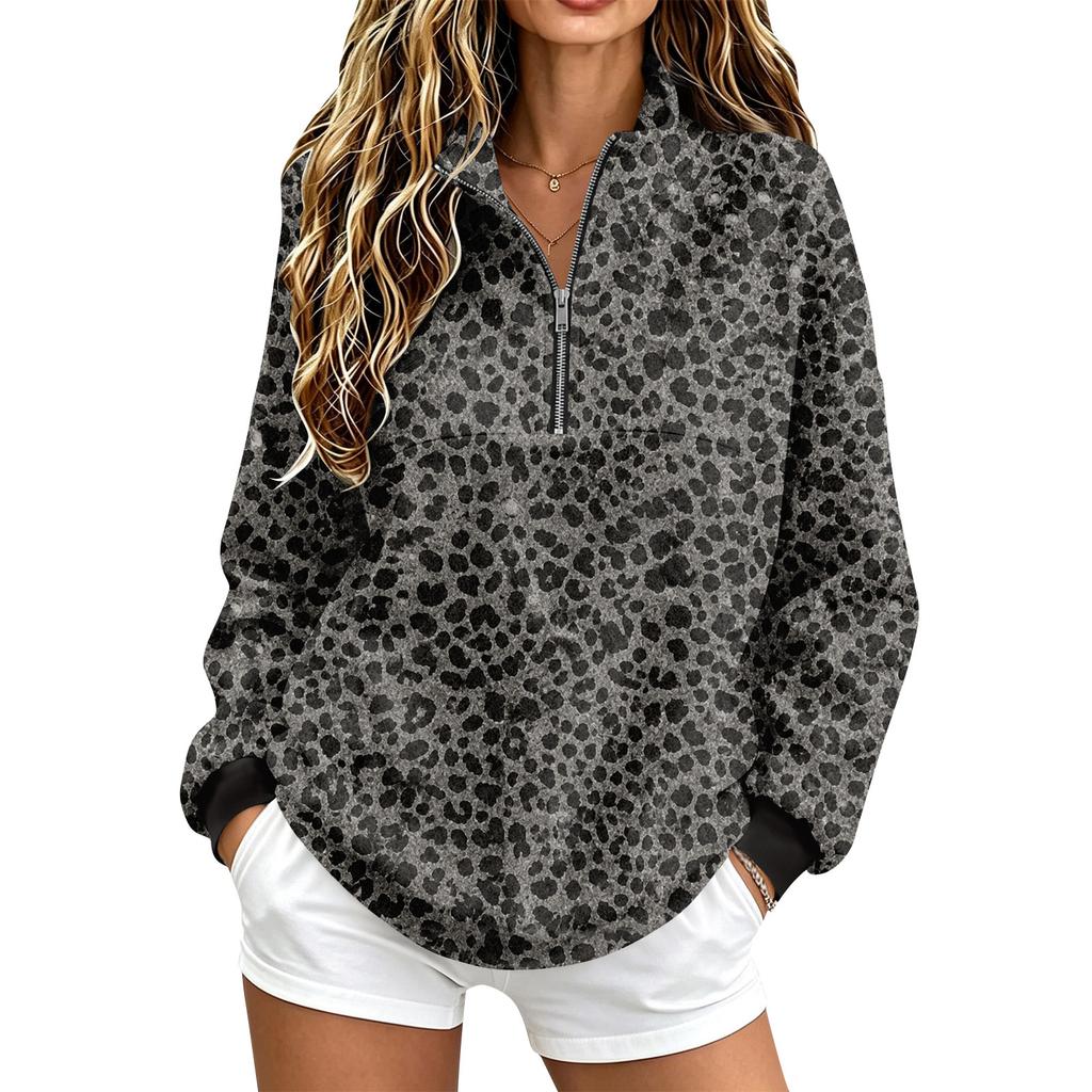 Women's Leopard Print -Lined Pullover Sweatshirt with Long Sleeves