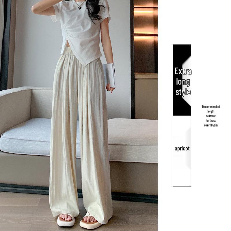 Women's Summer Blue Wide-Leg Ice Silk Pants - Casual Pleated Zen Style