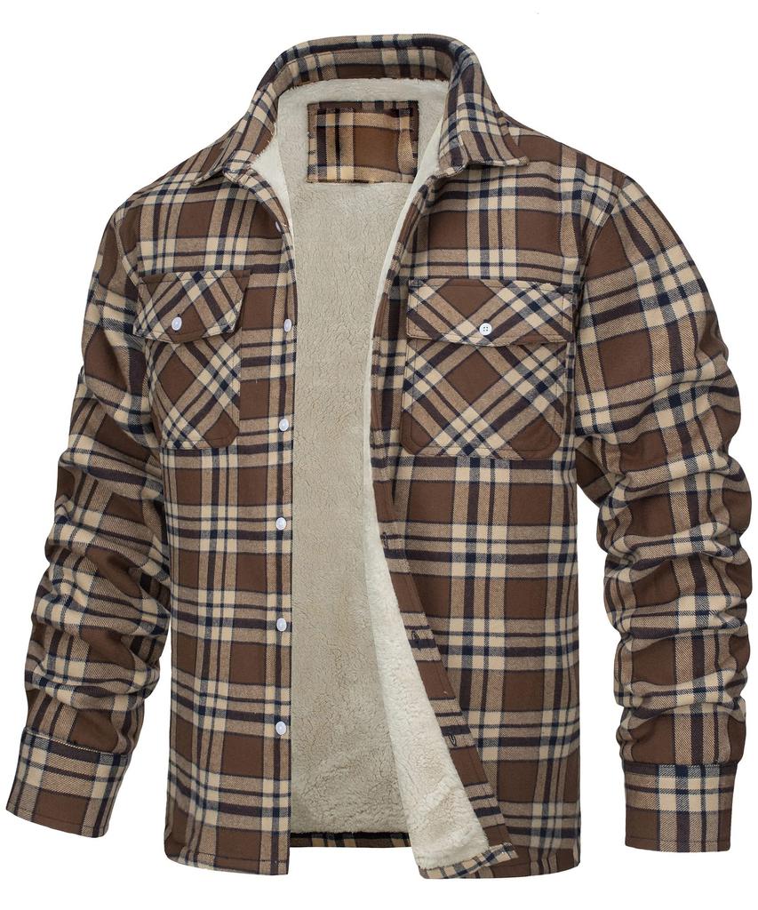 Long-sleeved Lapel Plaid Thick Shirt Jacket Men Casual Warm Plaid Outerwear Shirt Jacket for Autumn Winter Daily Wear