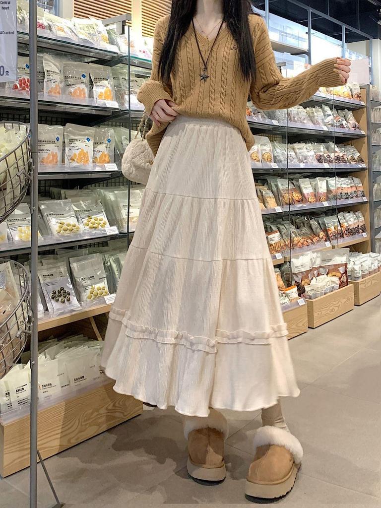 Women's High Waist Corduroy A-Line Mid-Length Skirt with Lace - Autumn/Winter 2025