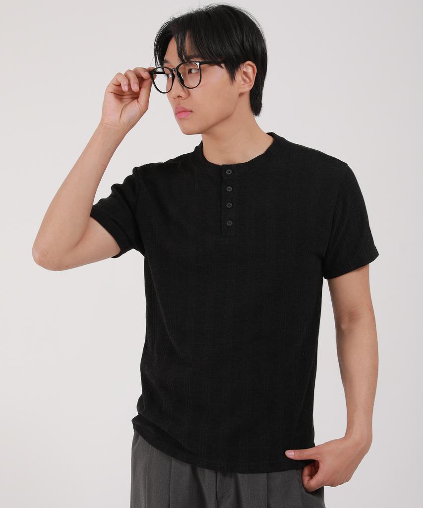 Dibellobeu Ribbed Henley Neck Short Sleeve T-Shirt_Black