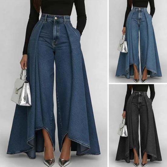 Women's High Waisted Wide Leg Jeans Overlay Flare Denim Pants with Pockets for Female High Street Elegant Fashionable Long Jeans