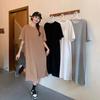 Plus-Size Women's Short-Sleeve Casual Dress: Summer Loose-Fit Solid-Color Midi-Length Knee-Length Split T-Shirt Dress