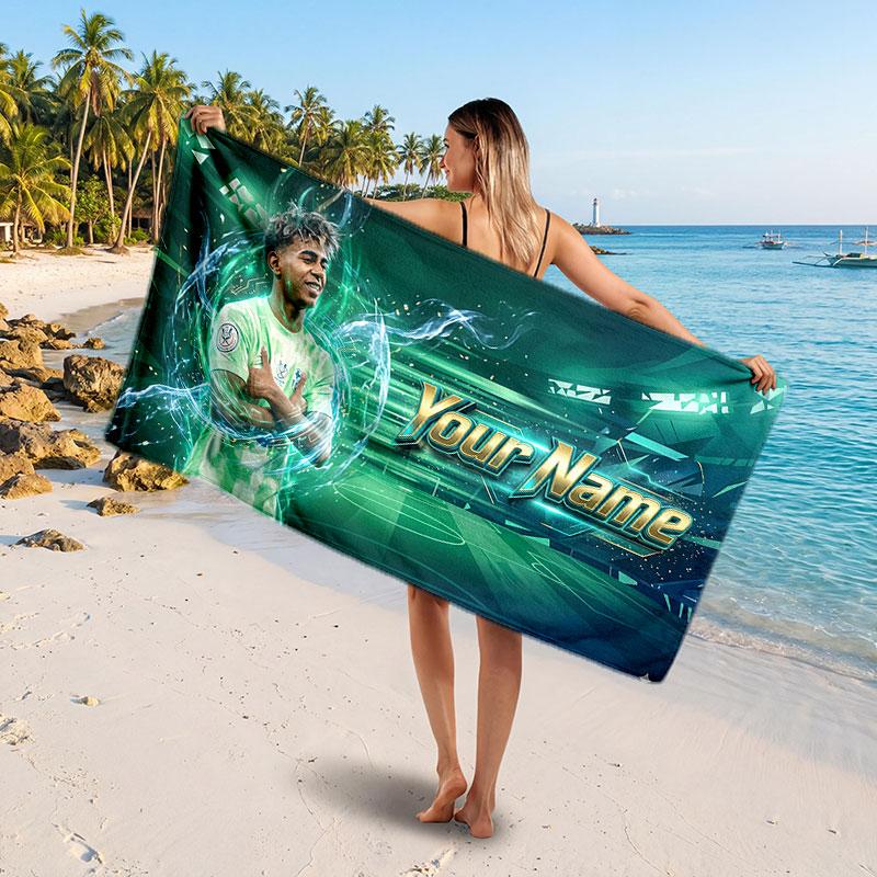Lamine Yamal Custom Beach Towel, Personalized Name Text Print, Football Logo Soft Quick‑Dry Towel Holiday Gift