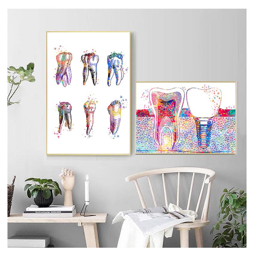 Leinwanddruck Zahnarzt Wandkunst Malerei Medizin Hygieniker Poster Zahn Aquarell Klinik Dekor Zahnkunst Bild Zahnimplantat