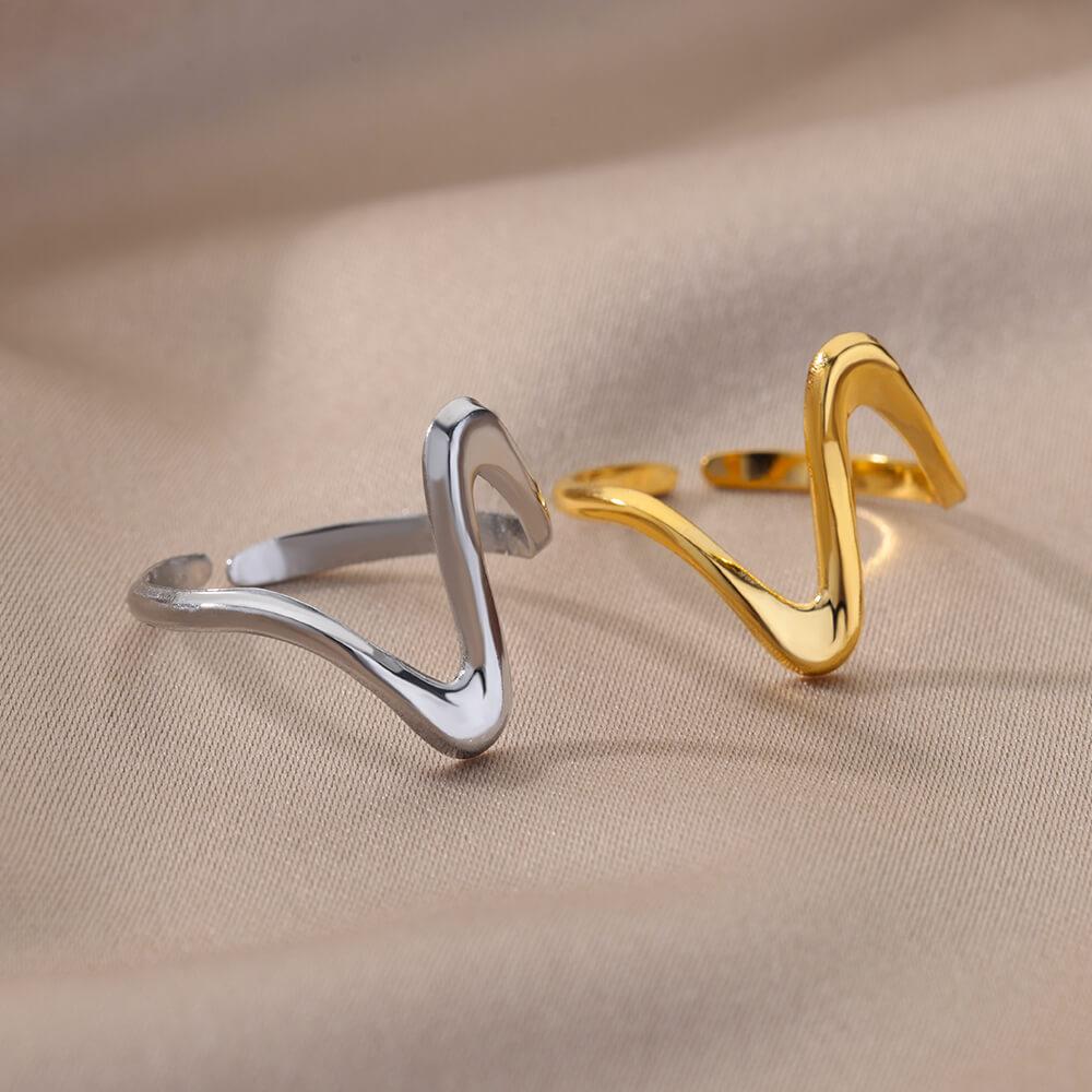Geometrische Wellenringe im Vintage-Stil für Damen Edelstahl Goldfarbe Verstellbarer Ring Ästhetischer Schmuck für Hochzeit Geschenk