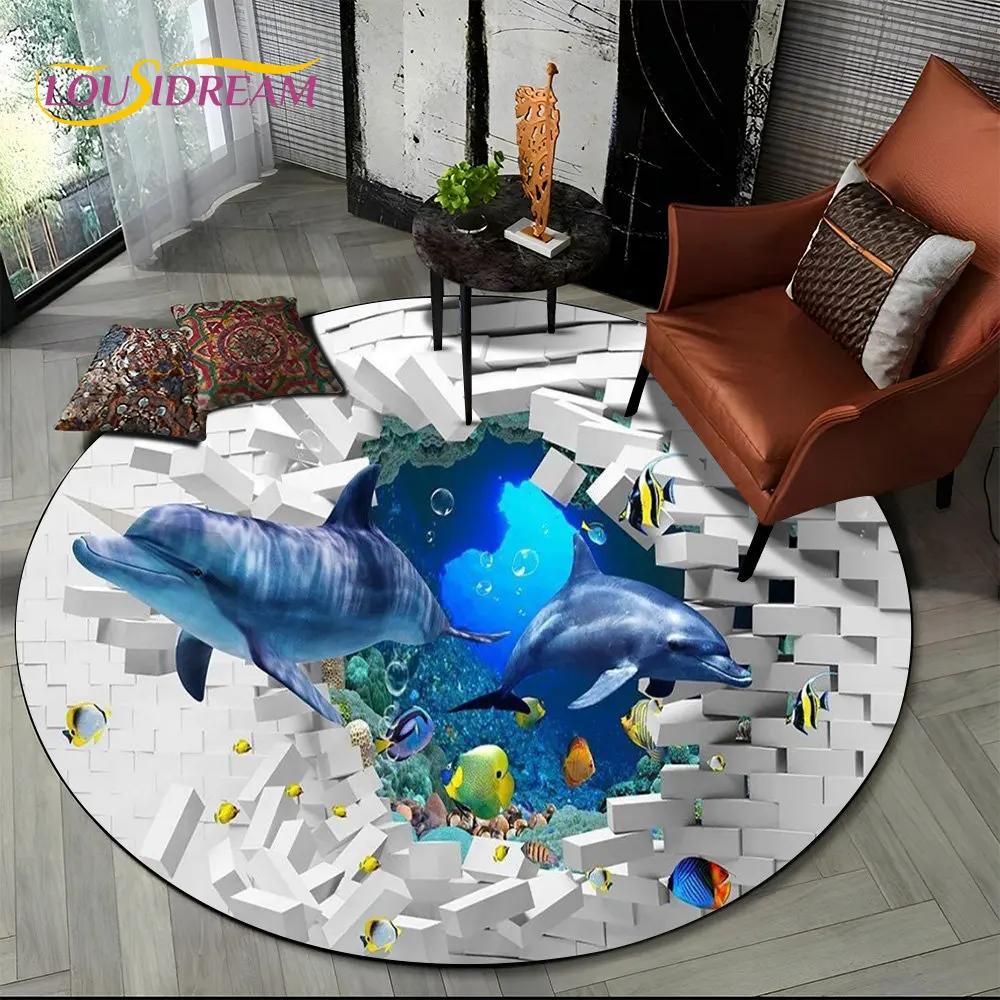 3D Zeebodem Illusie Onderwater Wereld Dolfijn Rond Vloerkleed, Tapijt voor Woonkamer Slaapkamer Bank Speelkamer Decoratie, Antislip Vloermat