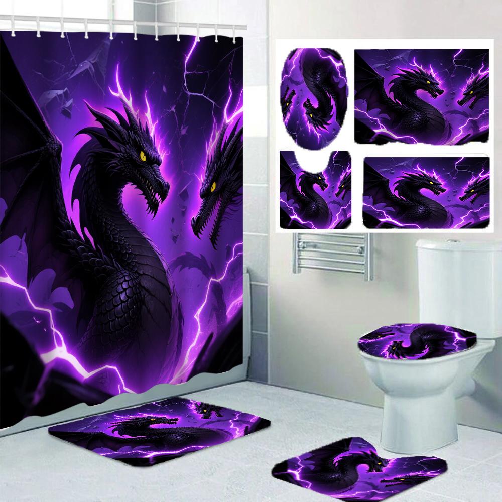 1/4 Double Dragon Head Print Shower Curtains, Toilet Seat Decoration, Shower Curtain with Carpet and Toilet Lid, 70.8x70.8 Inch