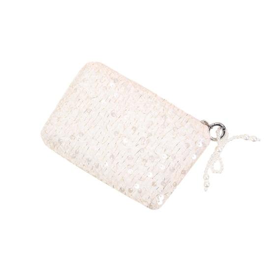 Yousheng Sequined Cosmetic Bag Girls Stylish Glittery Clutch Makeup Bag with Faux Pearl Bow Zipper Puller Portable Travel Toiletry Organizer for