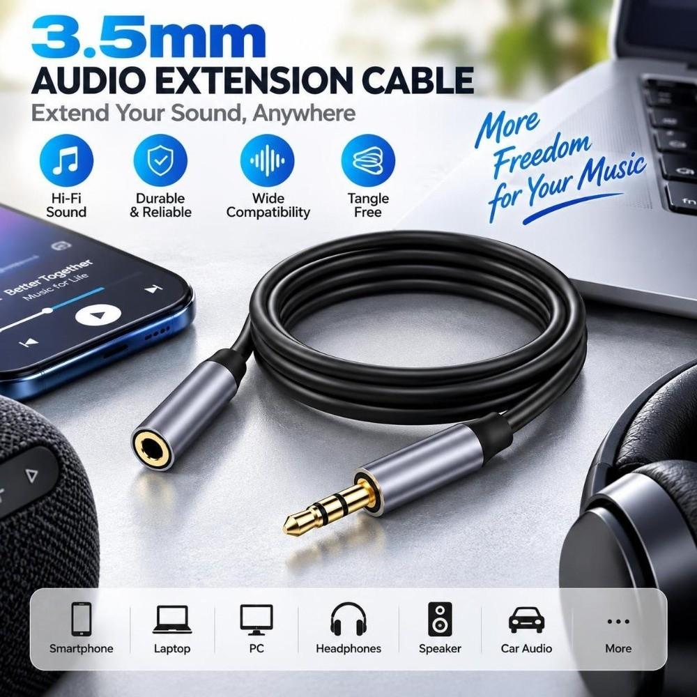Stereo 3.5mm Audio Extension Cable Straight Plug Audio Extension Cord  Speaker Connection