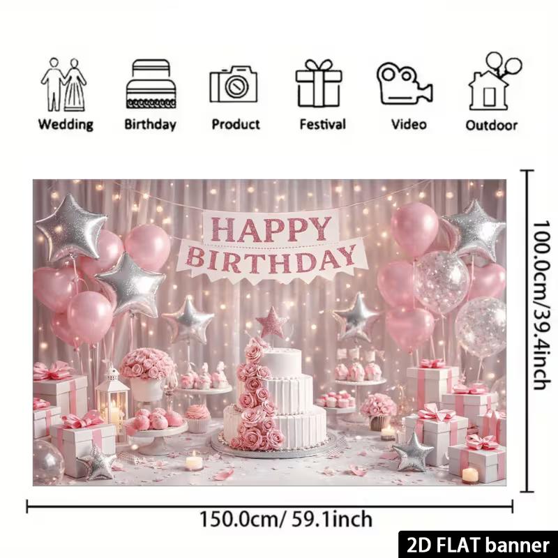 2D Rosa Ballon & Kuchen Alles Gute zum Geburtstag Hintergrundbanner Fotokabinen Hintergrund
