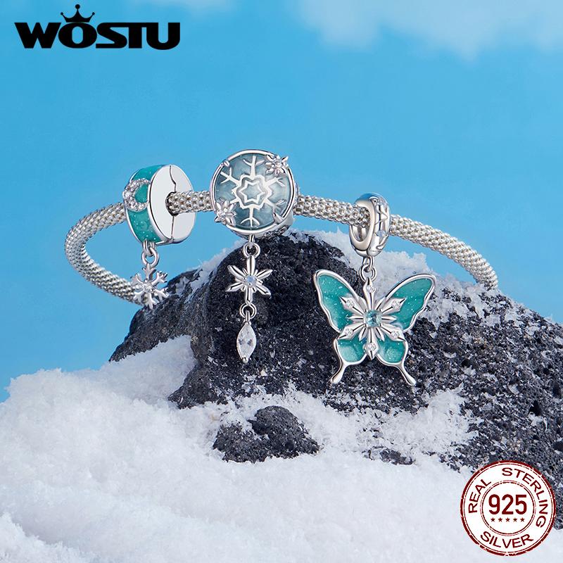 WOSTU 925 Sterling Silver Snowflake Stopper Beads Heart Butterfly Charms Pendant Fit Bracelet Necklace Xmas New year DIY Gift