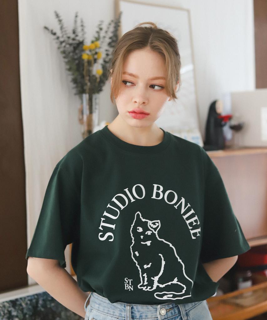 BONIEE Cat Symbol Graphic Loose T-Shirt Green