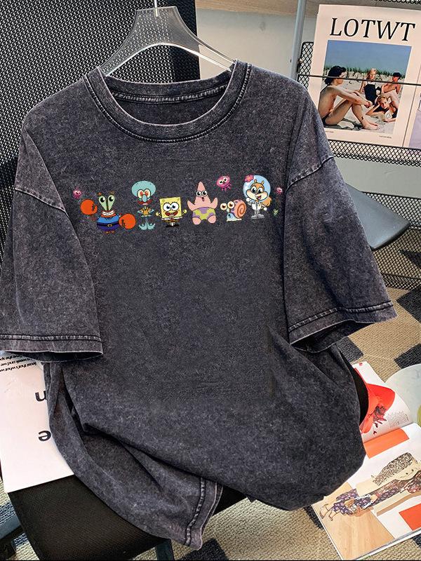 T-shirt Rétro Oversize Manches Courtes Coton Lavé Effiloché Unisexe
