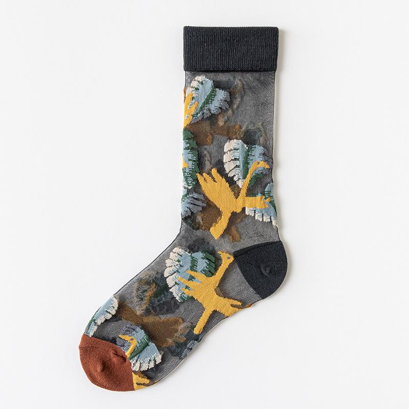 Women Mid Tube Socks Transparent Mid-calf Gauze Flowers Summer Fashion