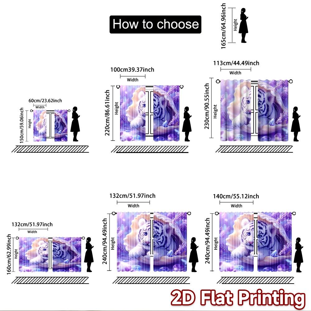 2D Flat Printing 2pcs Curtains Cute White Tiger Kitten Shell Crystals Digital Printed Polyester Drapes Family Party Use for