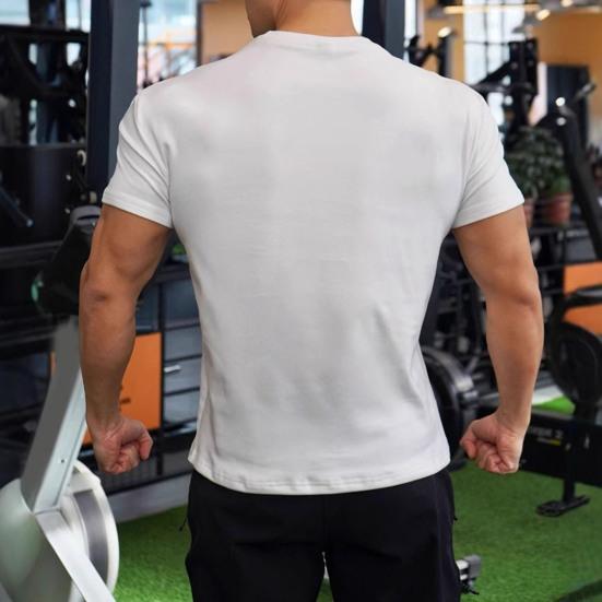 Summer Gym Top Round Neck Slim Fit Muscular Men Training T-shirt Short Sleeves Stretchy Slim Fit Jogging Exercise Tee